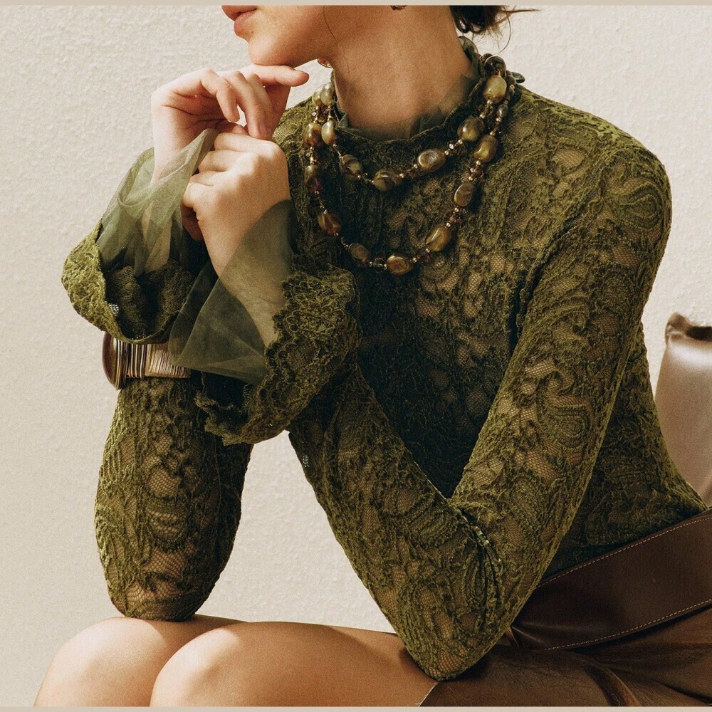 Olive Green Lace Mock Neck Top with Flounce Cuffs - Picture 2 of 8
